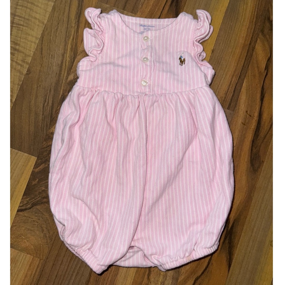 Ralph Lauren Romper Pink Striped Ruffle Sleeve Pony Logo Baby Girl 9 Months